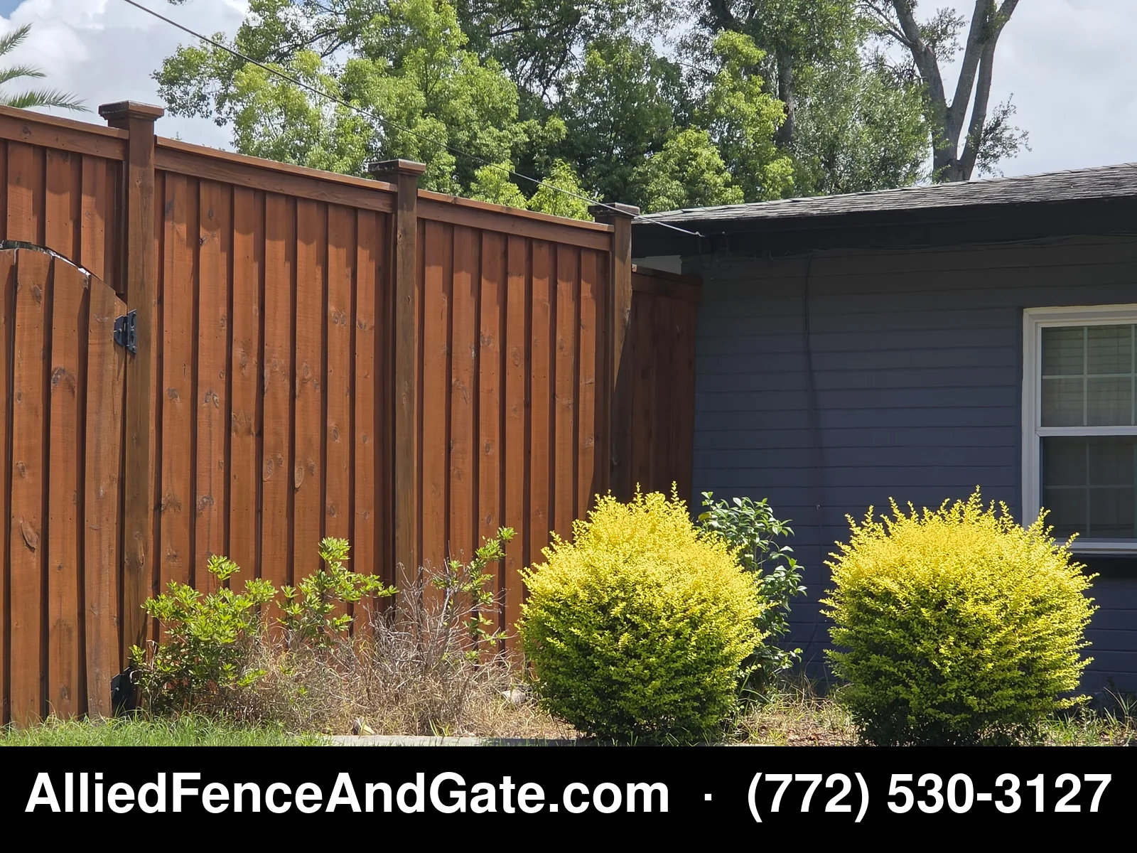 Stained cedar wood privacy fence with landscaping in South Florida