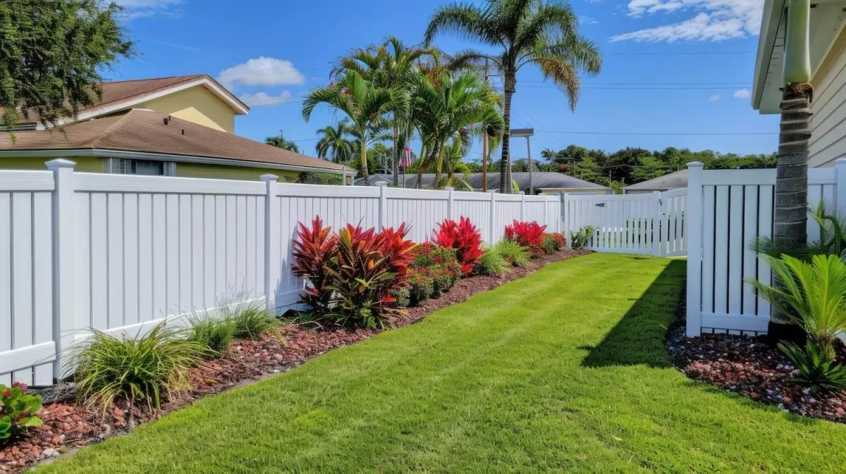 White vinyl privacy fence with tropical landscaping in Florida