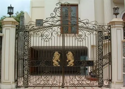 Ornamental iron gate with lion crest medallions installed by Allied Fence in Lake Worth FL