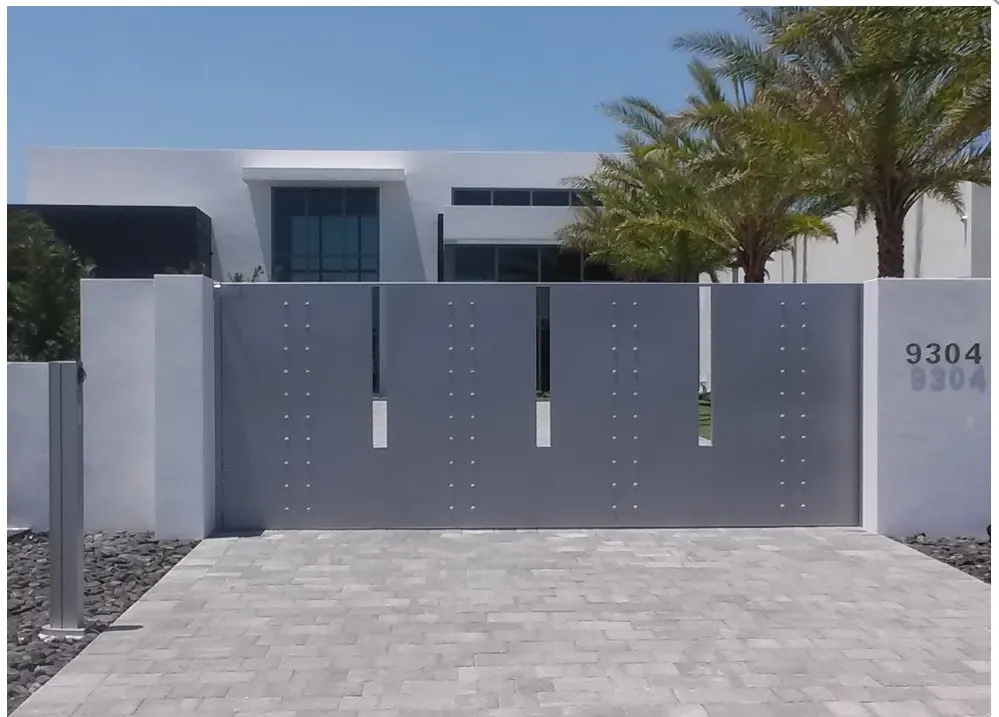 Modern gray security gate with horizontal slat design installed by Allied Fence
