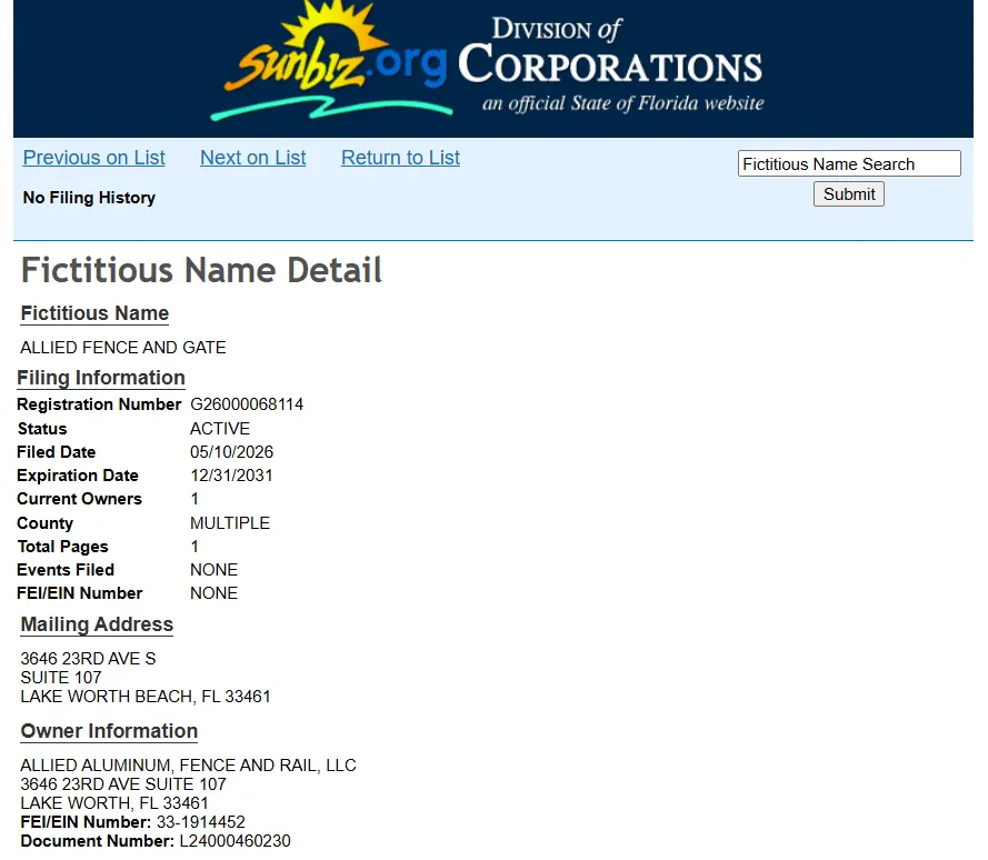 Allied Fence company credentials showing Florida Sunbiz registration and licensing